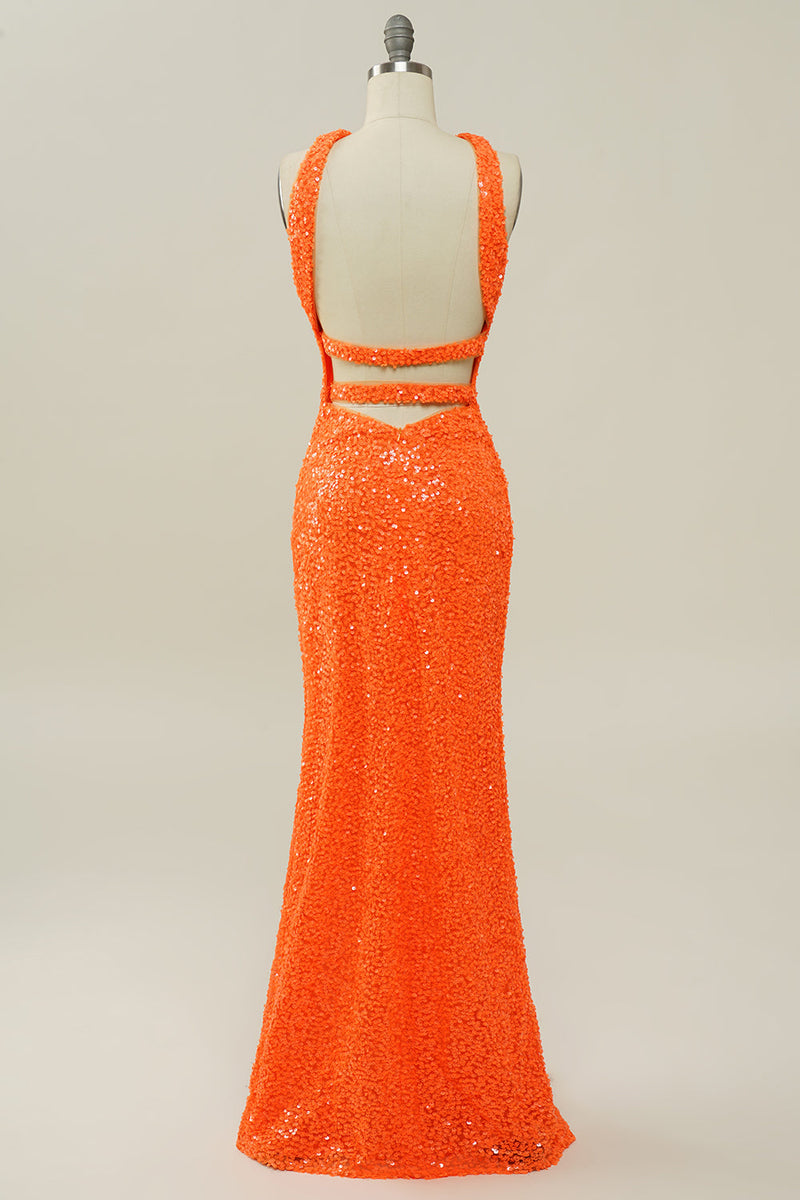 Laden Sie das Bild in den Galerie-Viewer, Orange Neckholder Pailletten Kleid ohne Rücken Meerjungfrau Ballkleid
