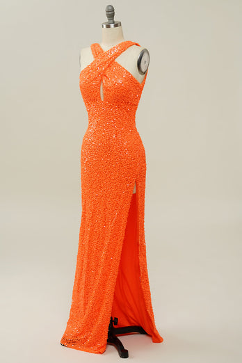 Orange Neckholder Pailletten Kleid ohne Rücken Meerjungfrau Ballkleid
