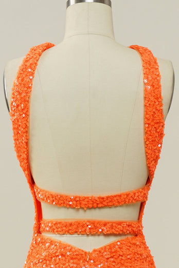 Orange Neckholder Pailletten Kleid ohne Rücken Meerjungfrau Ballkleid