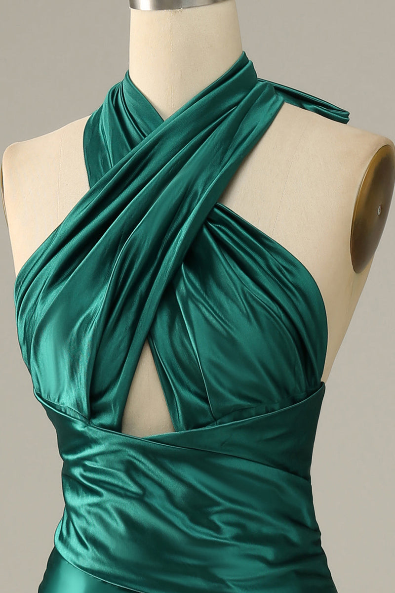 Laden Sie das Bild in den Galerie-Viewer, Dunkelgrünes Neckholder Schnürung Meerjungfrau Ballkleid mit Schlitz
