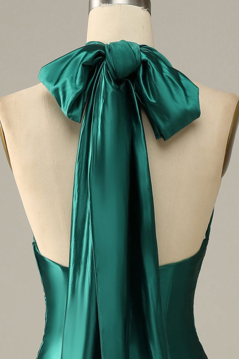Laden Sie das Bild in den Galerie-Viewer, Dunkelgrünes Neckholder Schnürung Meerjungfrau Ballkleid mit Schlitz