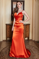 Laden Sie das Bild in den Galerie-Viewer, Meerjungfrau Spaghettiträger Orange langes Ballkleid mit Rücken