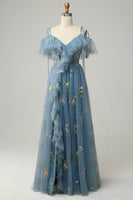 Laden Sie das Bild in den Galerie-Viewer, A-Linie V-Ausschnitt Spaghettiträger Stickerei Grünes Langes Ballkleid mit Schlitz