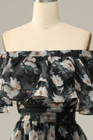 Laden Sie das Bild in den Galerie-Viewer, Abnehmbare trägerlose schwarze Blume Schulterfreies Ballkleid