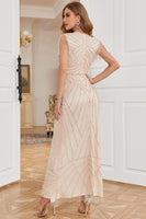 Laden Sie das Bild in den Galerie-Viewer, Scheide V Ausschnitt Helles Khaki Kleid für die Brautmutter mit Perlstickerei