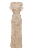 Laden Sie das Bild in den Galerie-Viewer, Scheide V Ausschnitt Helles Khaki Kleid für die Brautmutter mit Perlstickerei