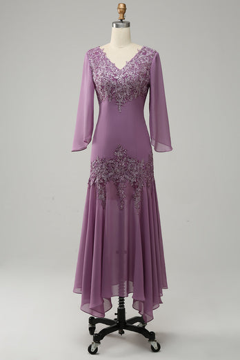Grau lila Meerjungfrau Chiffon Kleid für Brautmutter mit Spitze