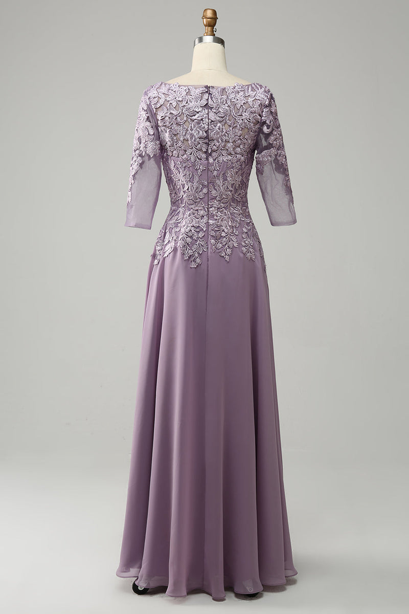 Laden Sie das Bild in den Galerie-Viewer, Grau Lila Chiffon Kleid für die Brautmutter mit Spitze