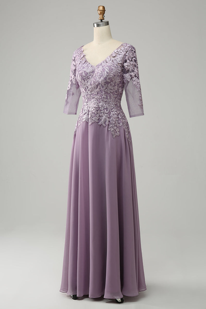 Laden Sie das Bild in den Galerie-Viewer, Grau Lila Chiffon Kleid für die Brautmutter mit Spitze