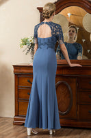 Laden Sie das Bild in den Galerie-Viewer, Blaue Meerjungfrau Offener Rücken Kleid für die Brautmutter mit Schlitz