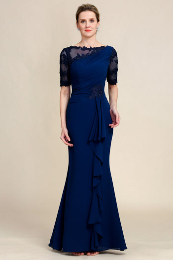 Marineblaue Scheide Kleid für Brautmutter mit Applikationen