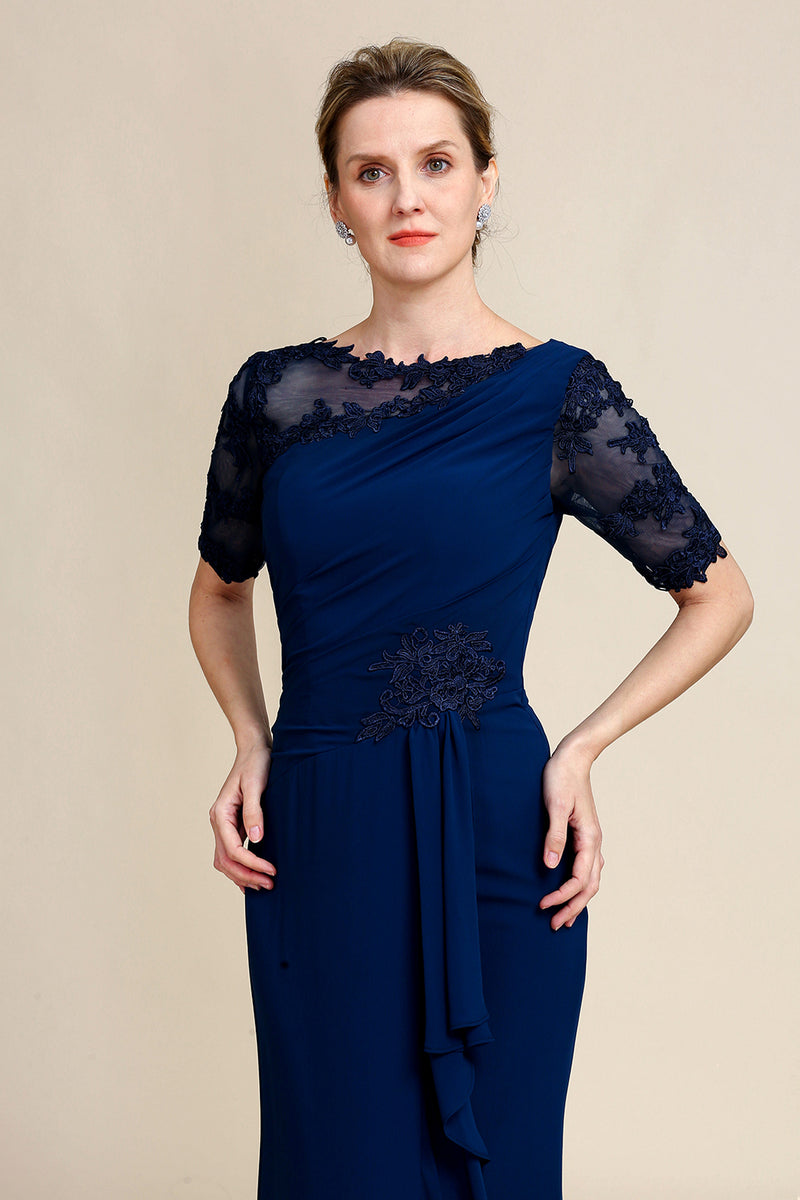 Laden Sie das Bild in den Galerie-Viewer, Marineblaue Scheide Kleid für Brautmutter mit Applikationen