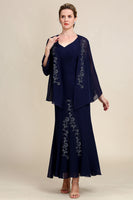 Laden Sie das Bild in den Galerie-Viewer, Marineblaues zweiteiliges Strass Kleid für die Brautmutter