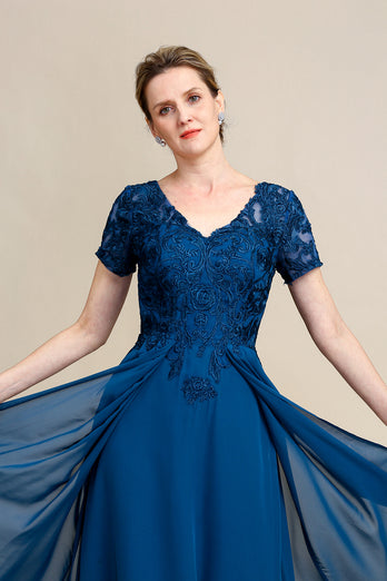 Blau A-Linie Kleid für Brautmutter mit Applikationen