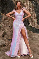 Laden Sie das Bild in den Galerie-Viewer, Meerjungfrau Schatz Lila Pailletten Langes Ballkleid mit Feder