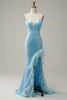 Laden Sie das Bild in den Galerie-Viewer, Meerjungfrau Schatz Hellblau Pailletten Langes Ballkleid mit Feder