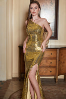 Laden Sie das Bild in den Galerie-Viewer, Eine Schulter Gold Pailletten Ballkleid mit Schlitz