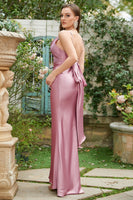 Laden Sie das Bild in den Galerie-Viewer, Scheide Spaghetti Träger Blush Langes Brautjungfernkleid mit Schleife