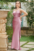 Laden Sie das Bild in den Galerie-Viewer, Scheide Spaghetti Träger Blush Langes Brautjungfernkleid mit Schleife