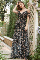 Laden Sie das Bild in den Galerie-Viewer, Schwarzes Chiffon Schulterfreies Ballkleid mit Blumen