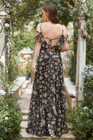 Laden Sie das Bild in den Galerie-Viewer, Schwarzes Chiffon Schulterfreies Ballkleid mit Blumen
