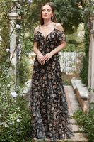 Laden Sie das Bild in den Galerie-Viewer, Schwarzes Chiffon Schulterfreies Ballkleid mit Blumen