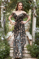 Laden Sie das Bild in den Galerie-Viewer, Schwarzes Chiffon Schulterfreies Ballkleid mit Blumen