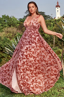 Laden Sie das Bild in den Galerie-Viewer, A-Linie Tiefer V-Ausschnitt Rost bedruckt Übergröße Ballkleid mit Schlitz