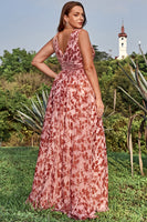 Laden Sie das Bild in den Galerie-Viewer, A-Linie Tiefer V-Ausschnitt Rost bedruckt Übergröße Ballkleid mit Schlitz