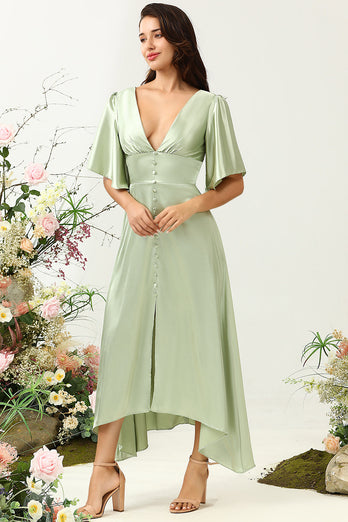 Hellgrünes Hochzeitsgastkleid mit tiefem V-Ausschnitt und halben Ärmeln
