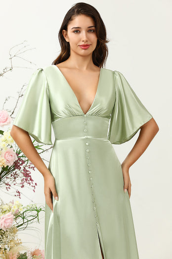 Hellgrünes Hochzeitsgastkleid mit tiefem V-Ausschnitt und halben Ärmeln