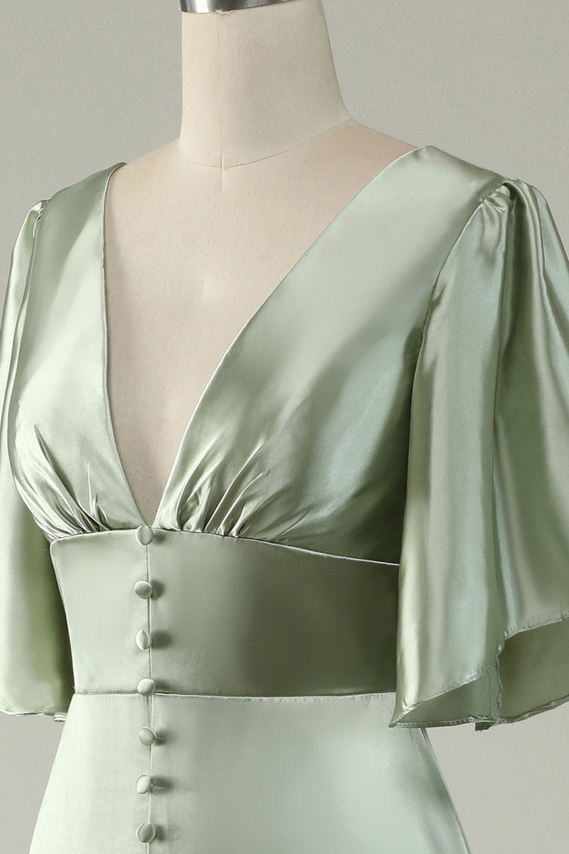 Laden Sie das Bild in den Galerie-Viewer, A-Linie hellgrünes Brautjungfernkleid mit tiefem V-Ausschnitt und halben Ärmeln