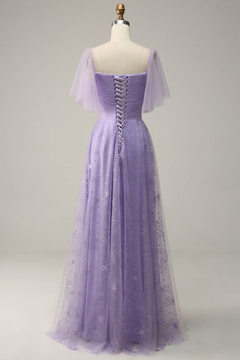Schulterfreies Lavendel Abschlussballkleid mit Rüschen