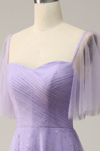 Schulterfreies Lavendel Abschlussballkleid mit Rüschen