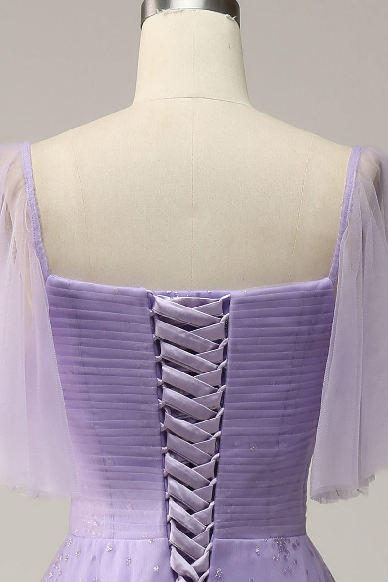 Laden Sie das Bild in den Galerie-Viewer, Schulterfreies Lavendel Abschlussballkleid mit Rüschen