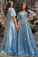 Laden Sie das Bild in den Galerie-Viewer, A-Linie V Ausschnitt Grau Blau Übergröße Ballkleid mit Applikationen