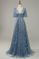 Laden Sie das Bild in den Galerie-Viewer, Graublau Tüll bestickte Blätter Ballkleid