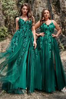 Laden Sie das Bild in den Galerie-Viewer, A-Linie Spaghettiträger dunkelgrünes langes Ballkleid mit Applikationen
