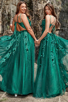 Laden Sie das Bild in den Galerie-Viewer, A-Linie Spaghettiträger dunkelgrünes langes Ballkleid mit Applikationen