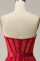 Laden Sie das Bild in den Galerie-Viewer, Rotes trägerloses Tüll korsett Ballkleid