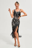 Laden Sie das Bild in den Galerie-Viewer, Schwarzes Spaghettiträger Gatsby Flapper Kleid mit Fransen