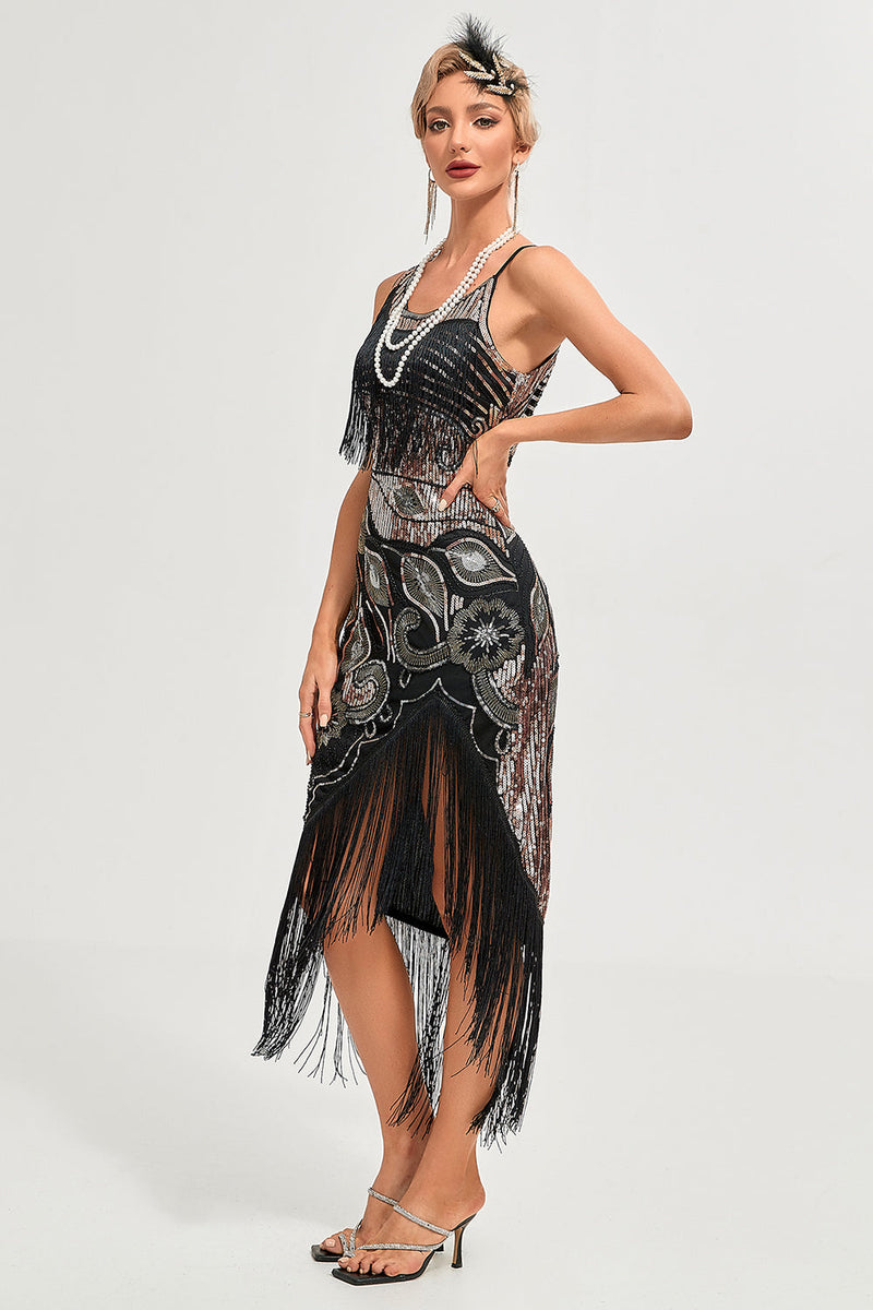 Laden Sie das Bild in den Galerie-Viewer, Schwarzes Spaghettiträger Gatsby Flapper Kleid mit Fransen