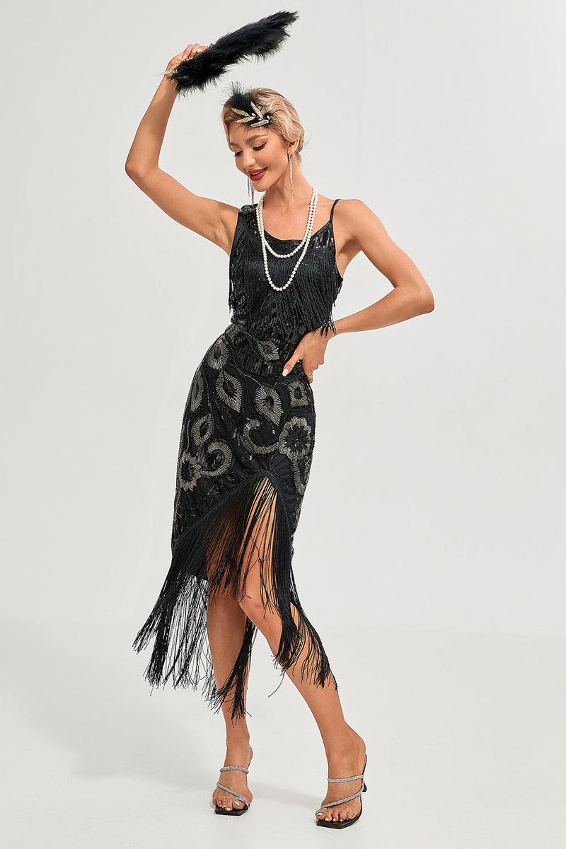 Laden Sie das Bild in den Galerie-Viewer, Schwarzes Spaghettiträger Gatsby Flapper Kleid mit Fransen