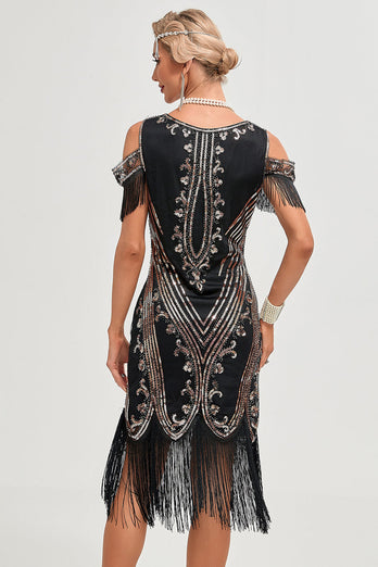 Schwarzes Gatsby Kleid mit Pailletten fransen aus den 1920er Jahren
