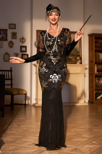 Mantel V-Ausschnitt Schwarze Pailletten Langes 1920er Jahre Flapper Kleid mit Fransen
