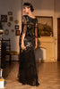 Laden Sie das Bild in den Galerie-Viewer, Mantel V-Ausschnitt Schwarze Pailletten Langes 1920er Jahre Flapper Kleid mit Fransen