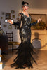 Laden Sie das Bild in den Galerie-Viewer, Mantel V-Ausschnitt Schwarze Pailletten Langes 1920er Jahre Flapper Kleid mit Fransen