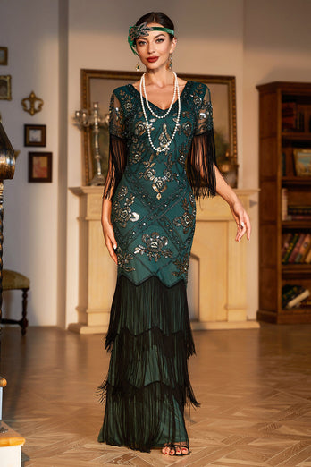 Etui V-Ausschnitt Dunkelgrünes Pailletten Langes 1920er Jahre Flapper Kleid mit Fransen