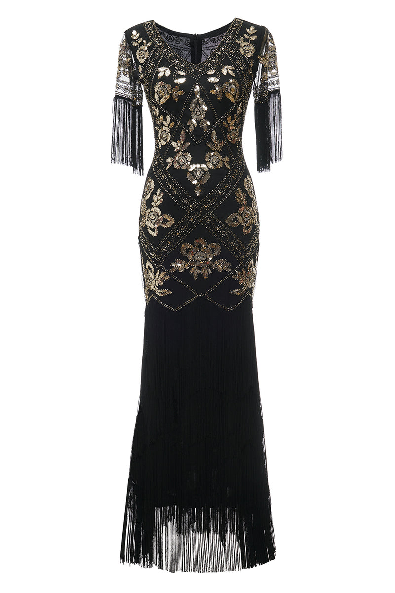 Laden Sie das Bild in den Galerie-Viewer, Schwarzes langes 20er Jahren Charleston Kleid mit V-Ausschnitt Pailletten und Fransen