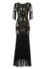 Laden Sie das Bild in den Galerie-Viewer, Schwarzes langes 20er Jahren Charleston Kleid mit V-Ausschnitt Pailletten und Fransen